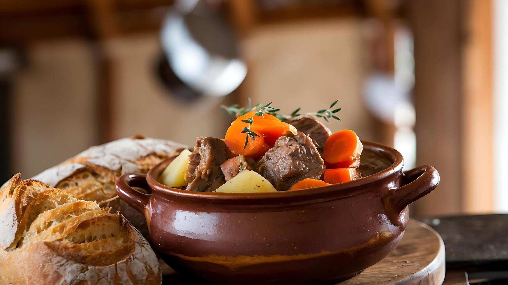 A brown pot with meat, carrots and bread on a wooden table photo
