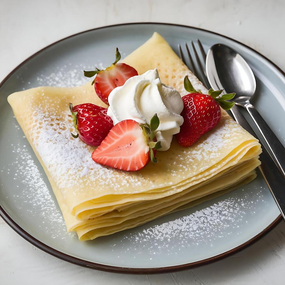 A crepe with strawberries and whipped cream photo