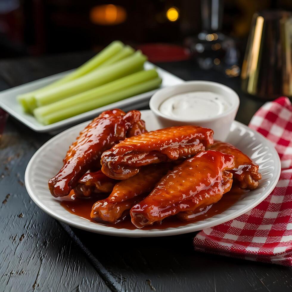 Chicken wings with ranch sauce and celery on a plate photo