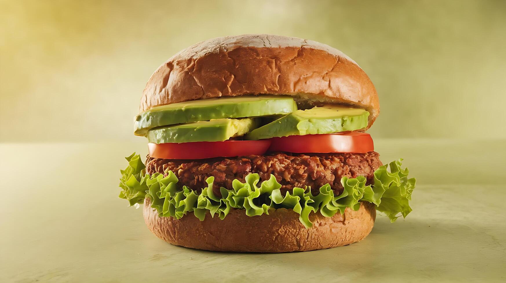 A hamburger with lettuce, tomatoes and avocado photo