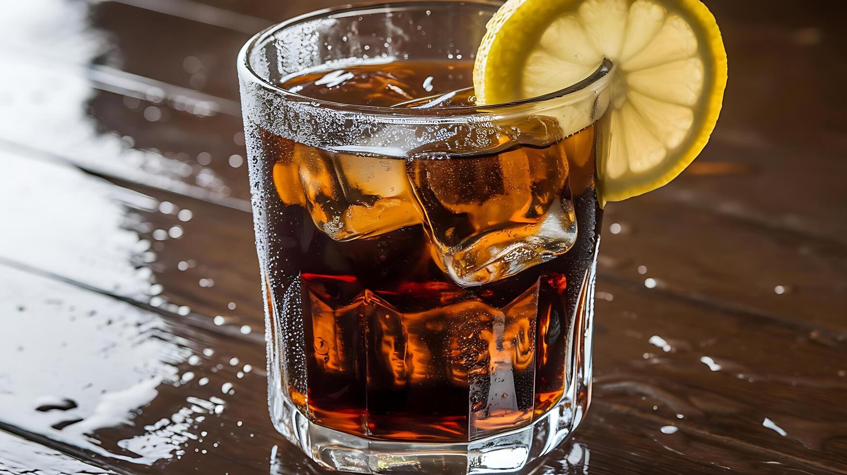 A glass of cola with ice and a lemon wedge photo