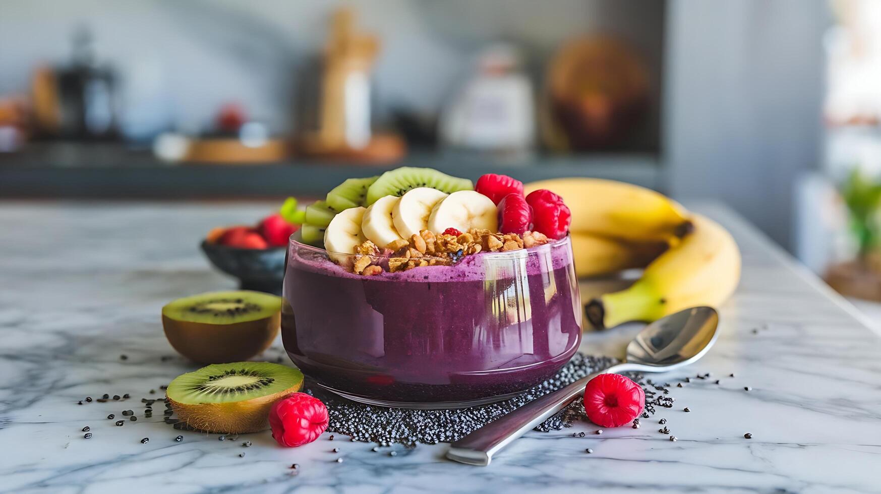 A bowl of blueberry smoothie with bananas, kiwi, raspberries and ch photo