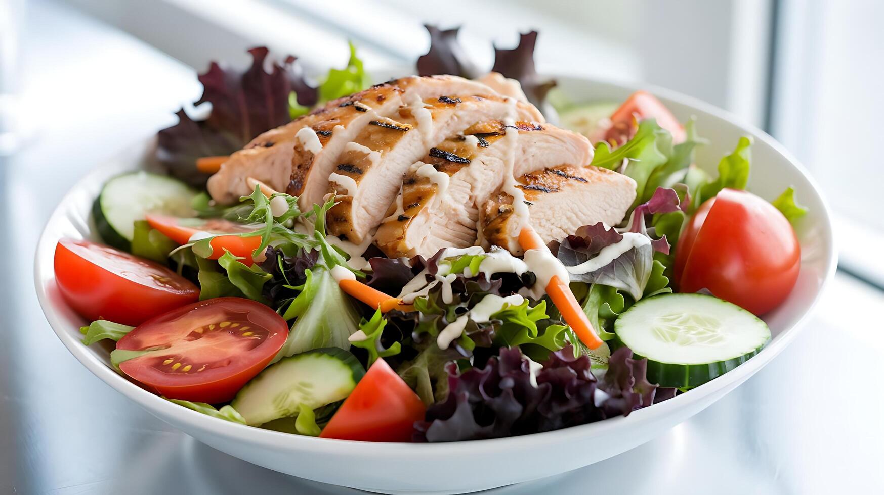 A salad with chicken, lettuce, tomatoes and cucumbers photo