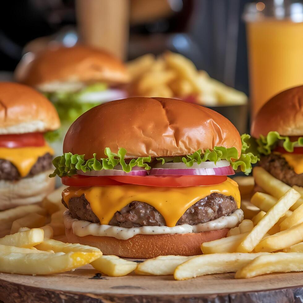 A group of hamburgers and fries on a wooden board photo