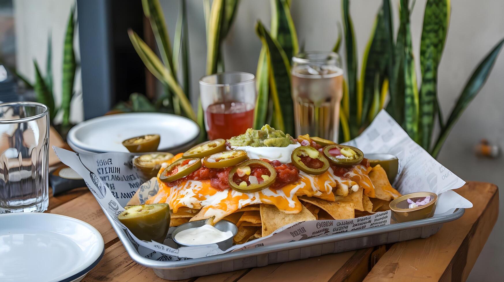 A tray of nachos sitting on a table next to a glass of wine photo