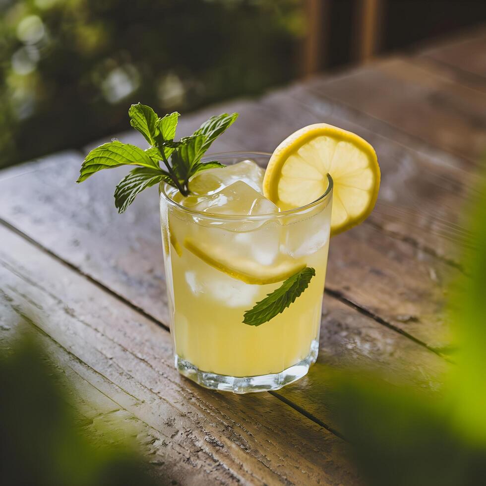 A glass of lemonade with mint leaves on top photo