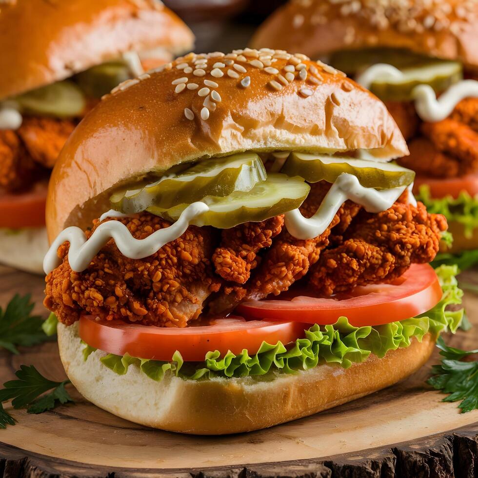A close up of three chicken sandwiches on a wooden board photo