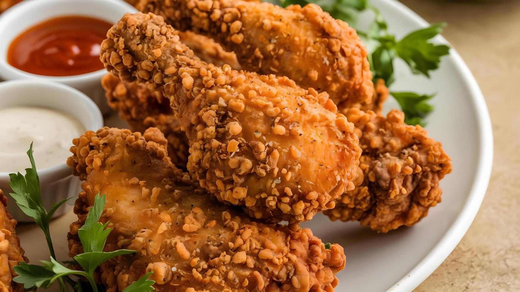 Fried chicken with dipping sauce and parsley photo