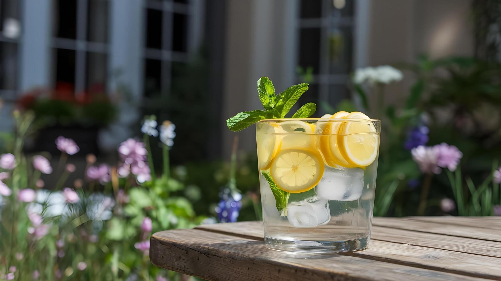 A glass of water with lemon slices and mint photo