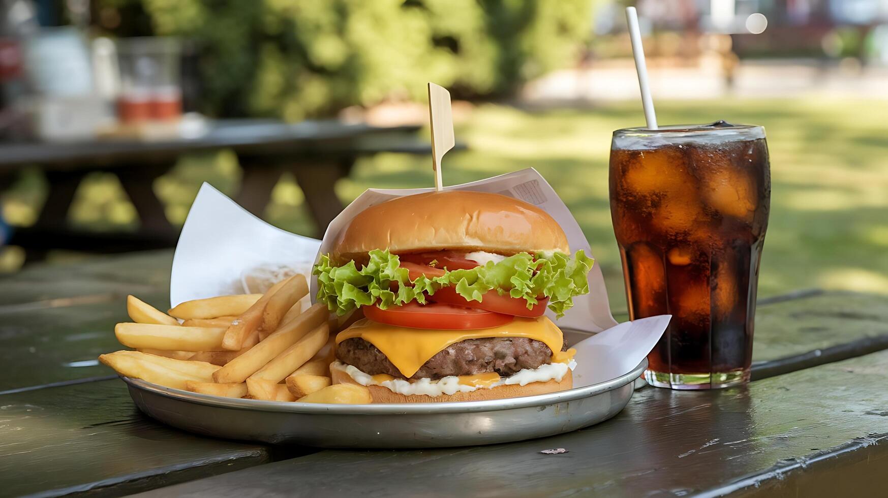 A hamburger and fries on a plate photo