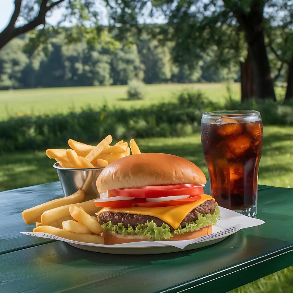 A burger and fries on a table photo
