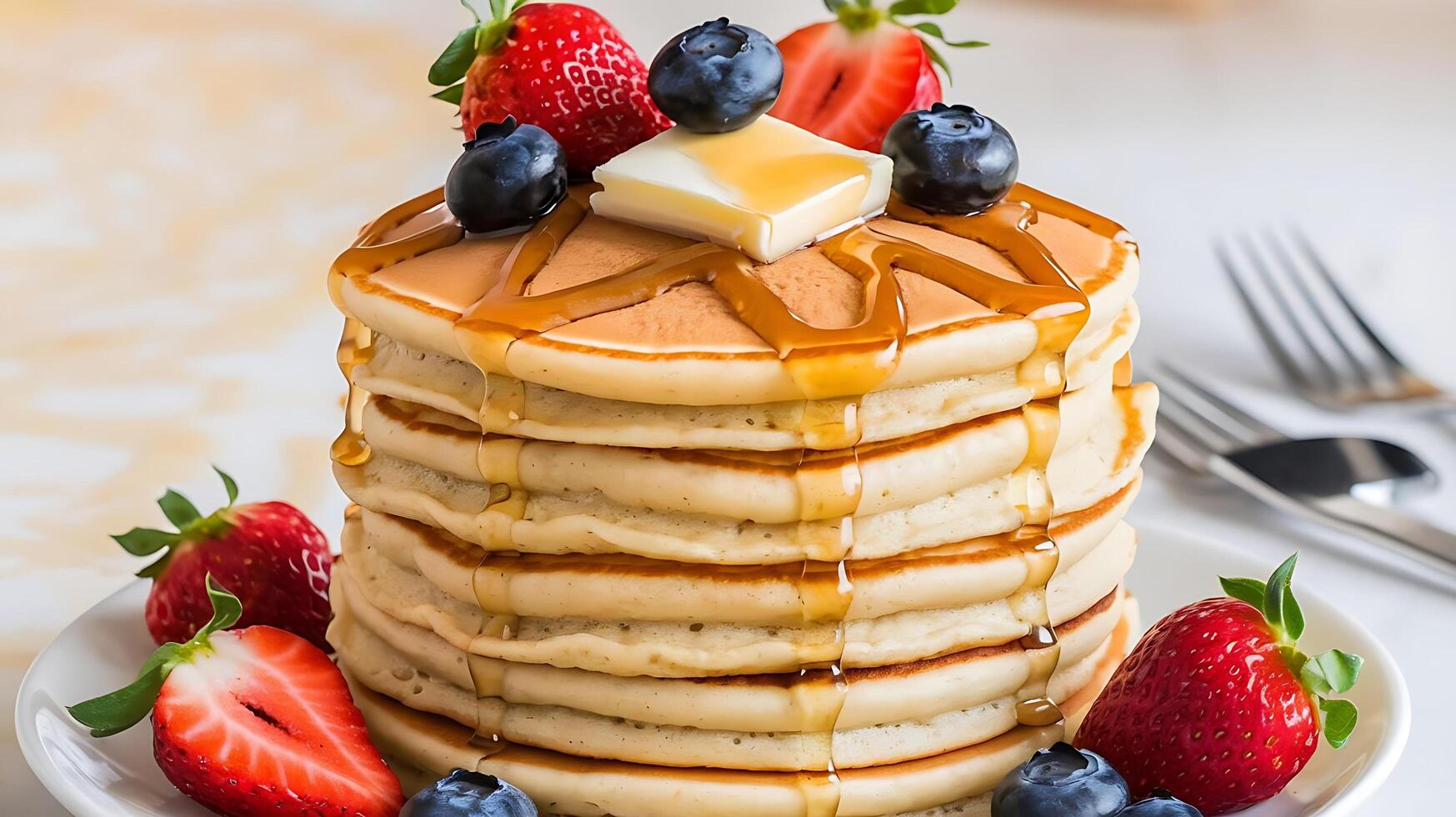 A stack of pancakes with syrup and berries photo