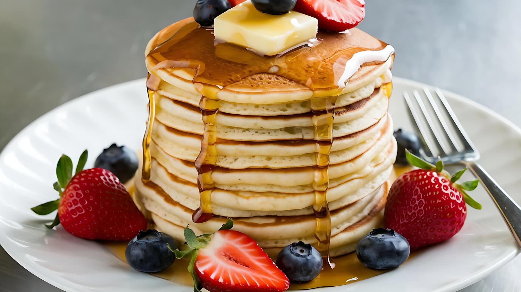 A stack of pancakes with syrup and berries photo
