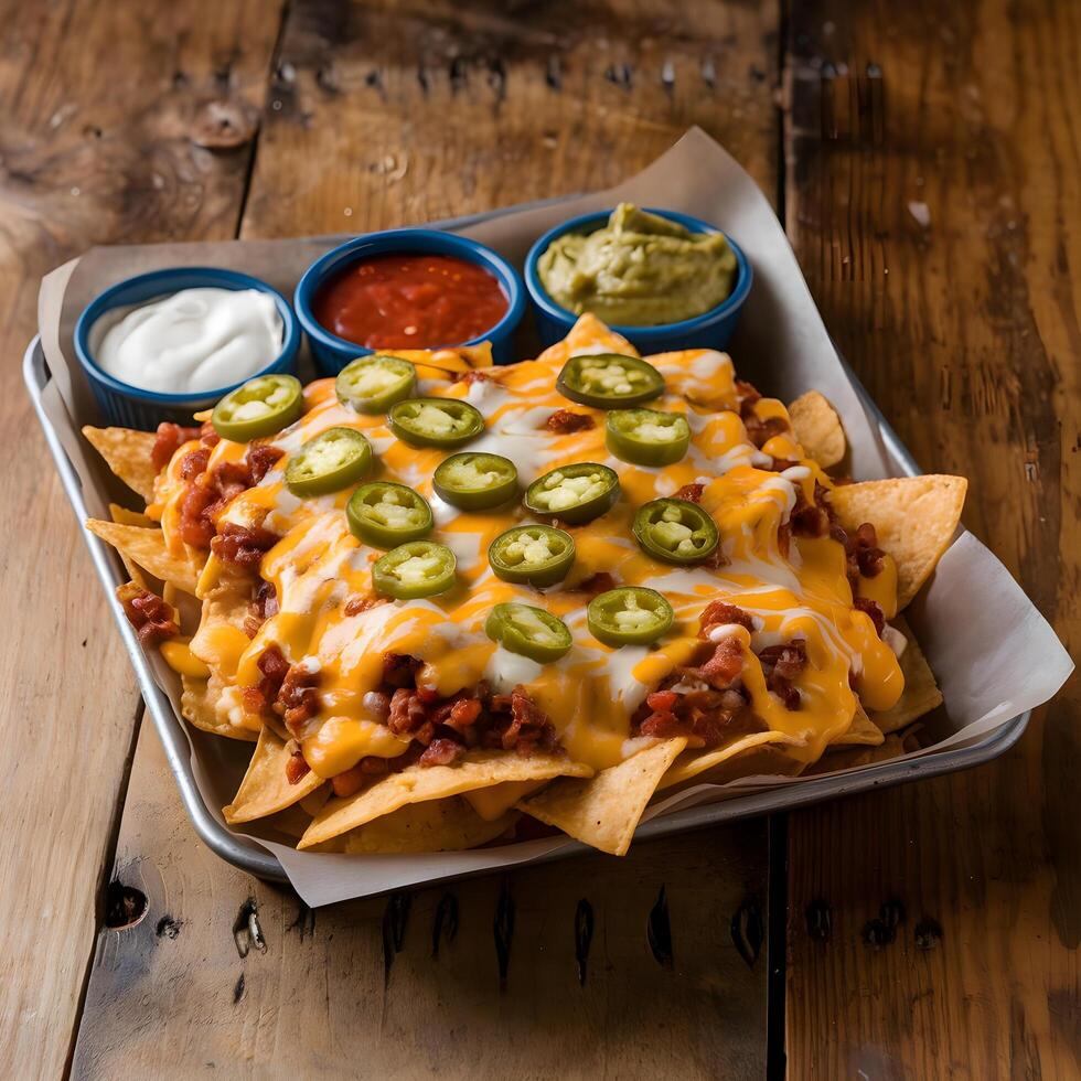 A tray of nachos with dips and salsa photo