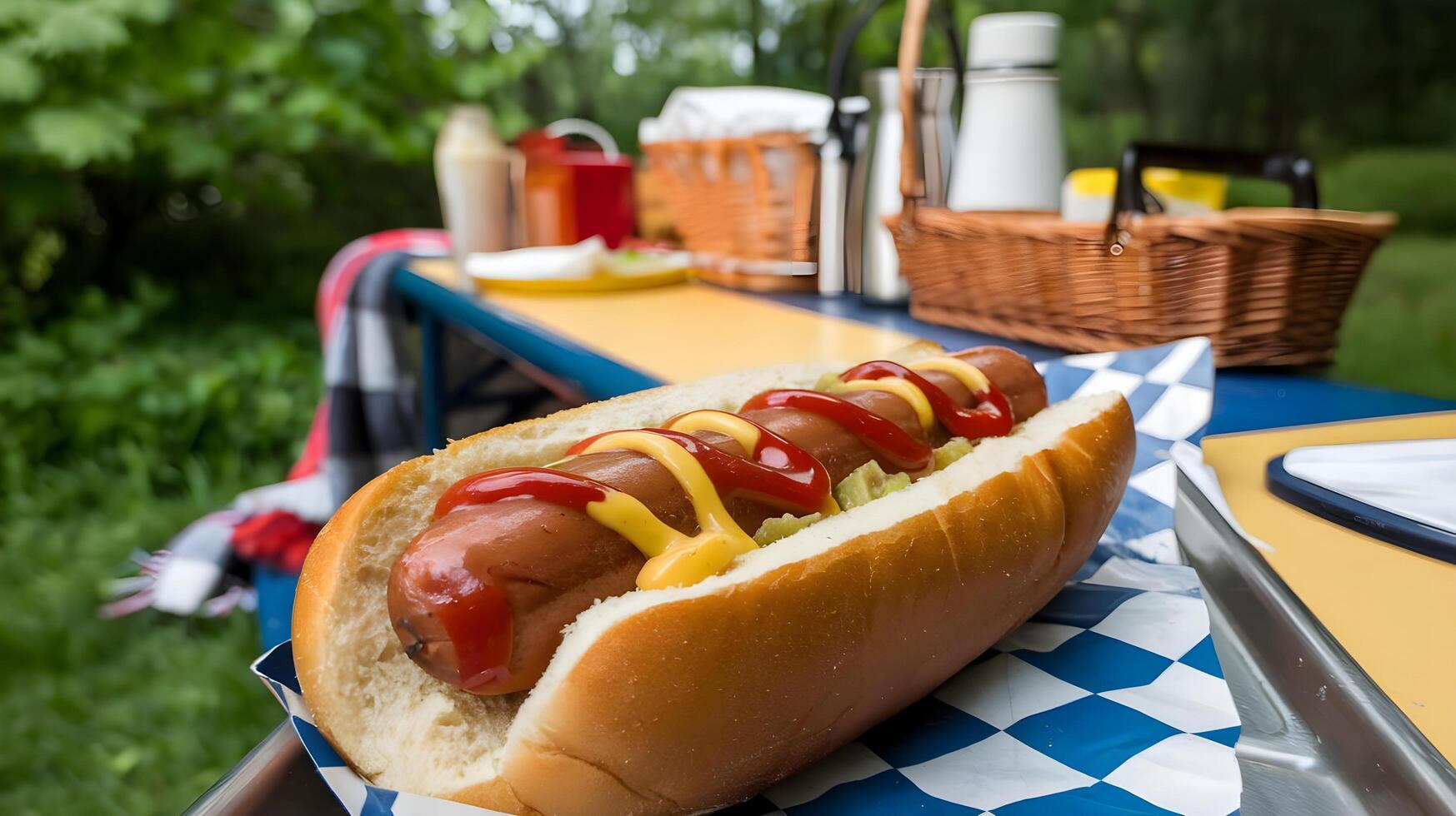 A hot dog with ketchup and mustard on it sitting on a picnic table photo