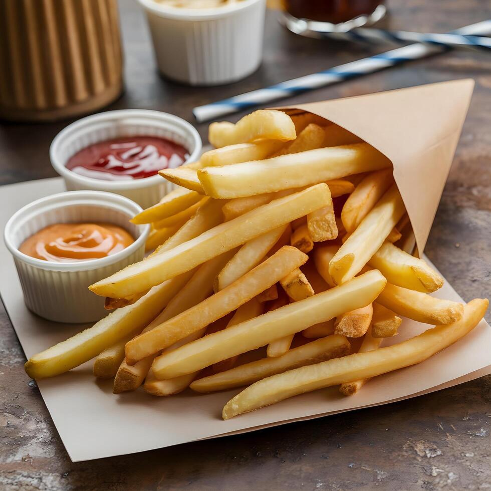French fries on a paper plate with ketchup and ketchup photo