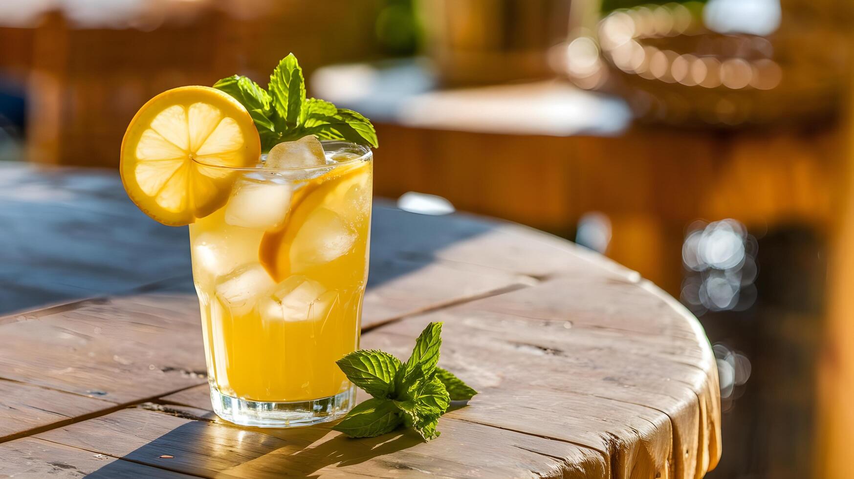 A glass of lemonade with mint leaves on top photo
