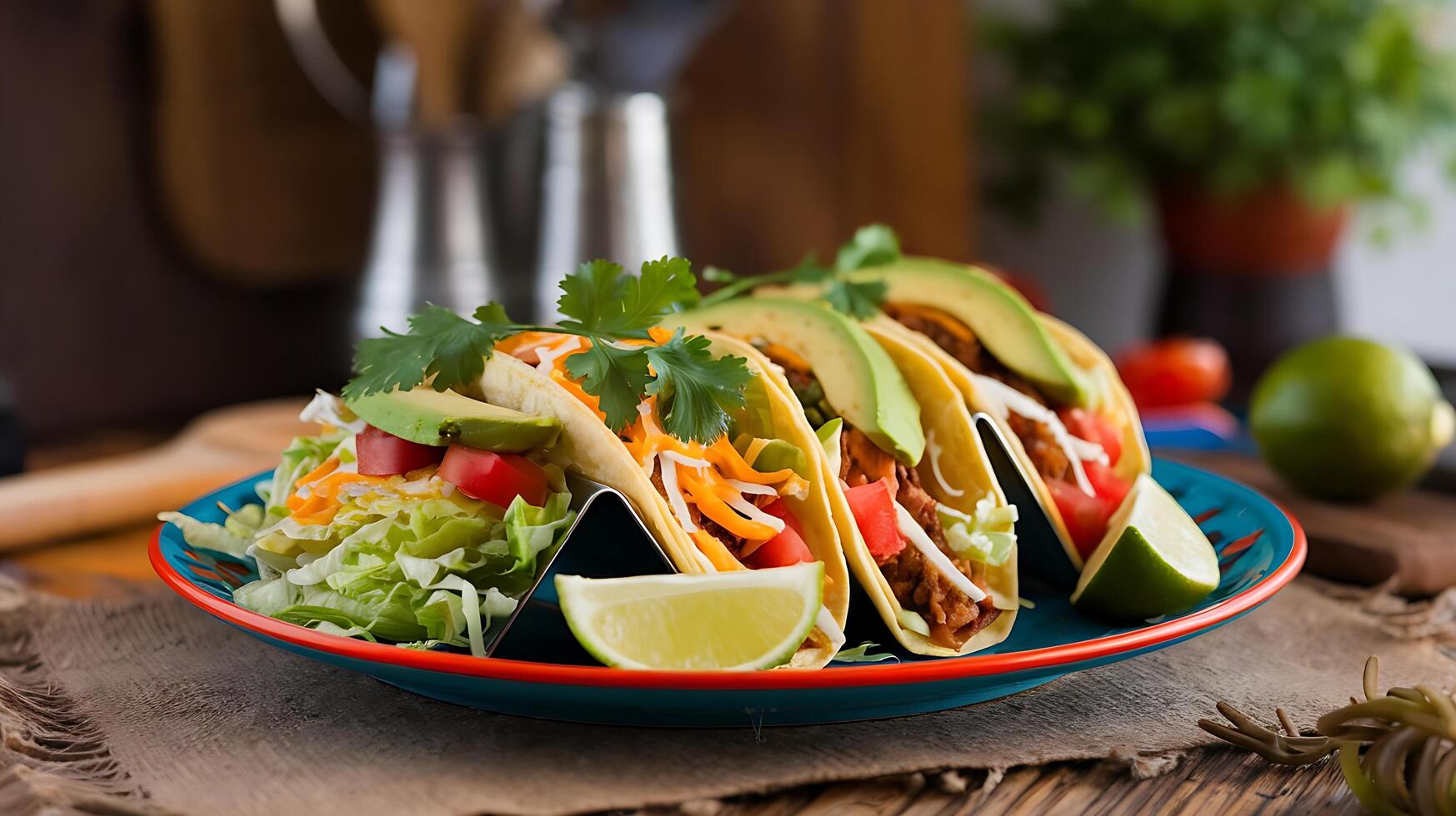 Three tacos are sitting on a plate with a lime wedge photo