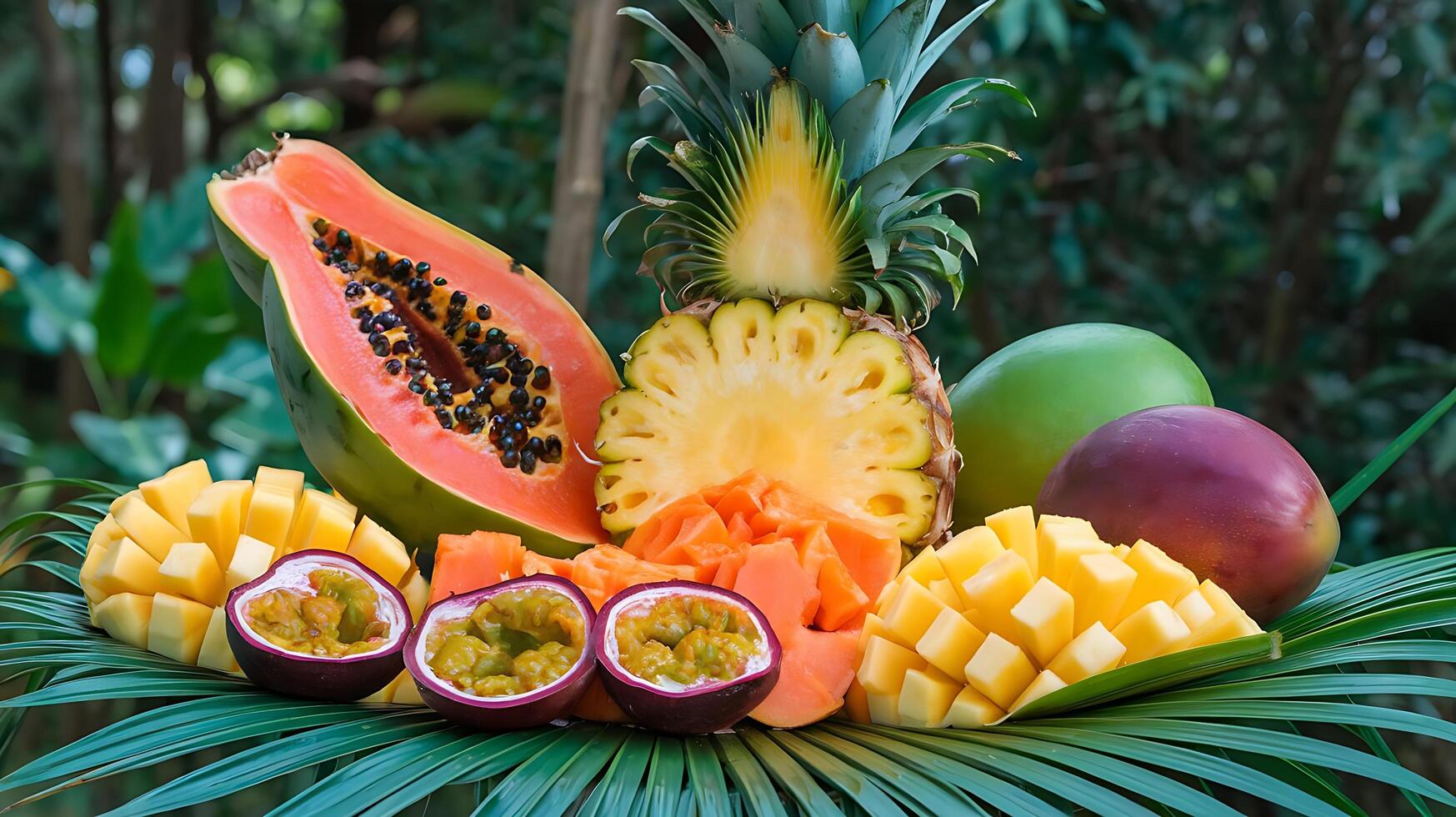 A variety of tropical fruits are arranged on a plate photo
