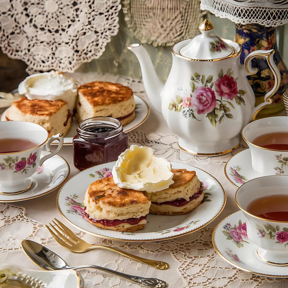 A table with tea and scones photo