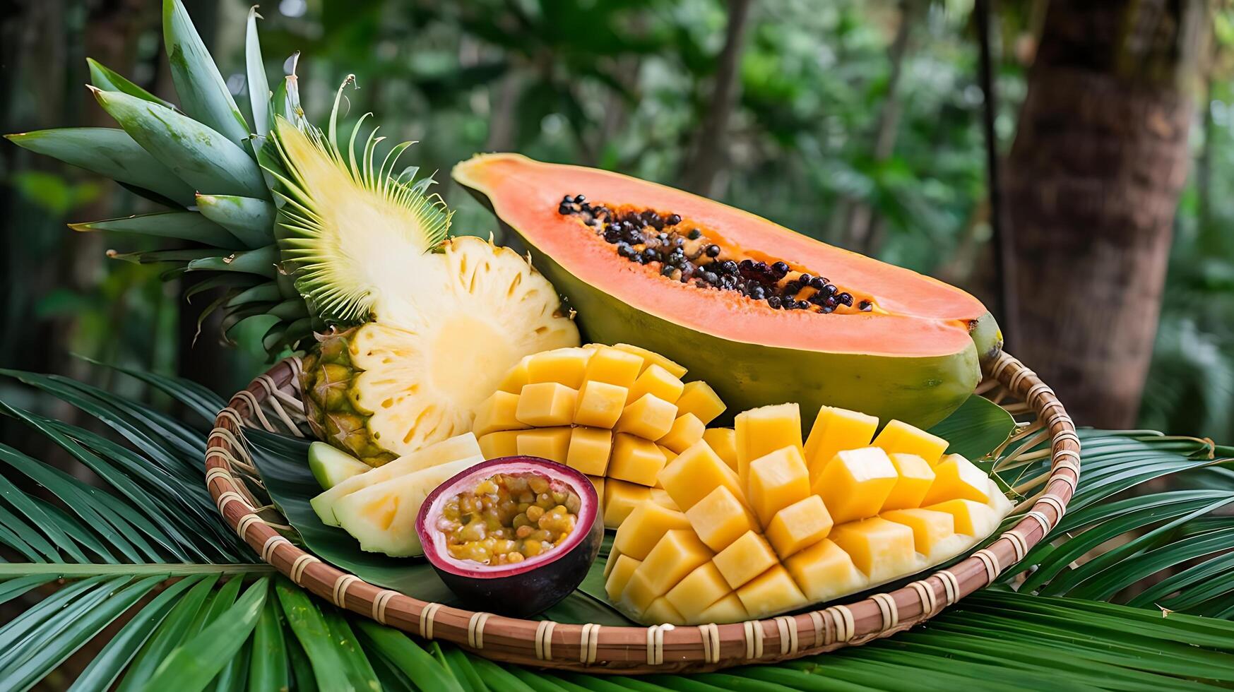 A basket of tropical fruits on a table photo