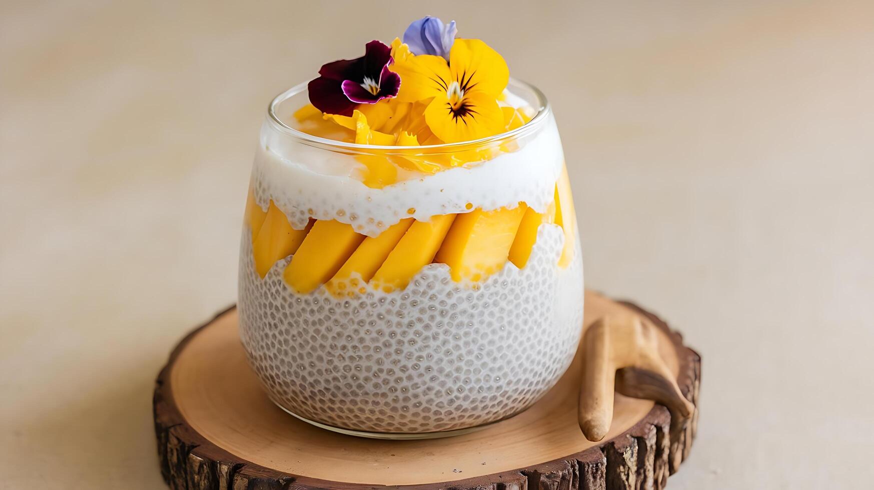 Chia pudding with mangoes and flowers photo