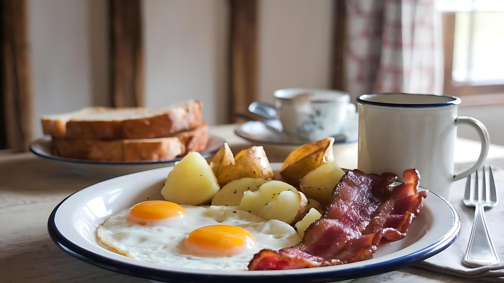 A breakfast plate with eggs, potatoes, bacon and toast photo