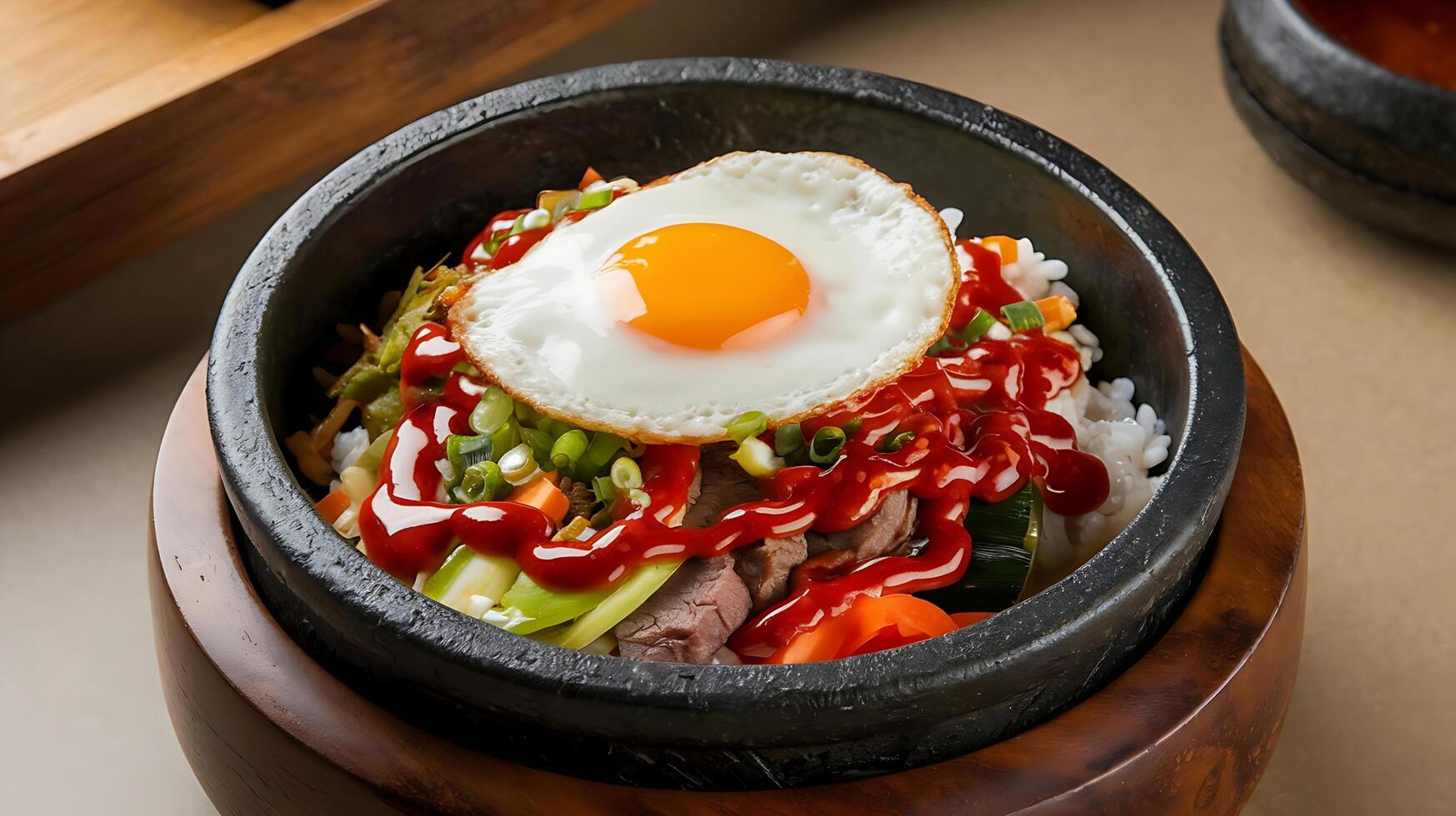A bowl of food with an egg on top photo