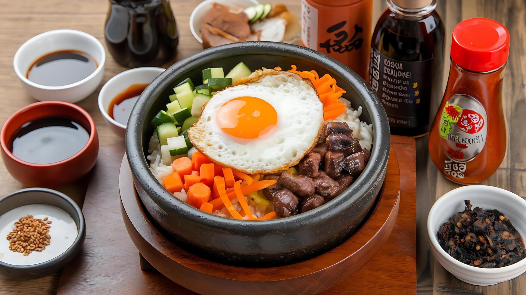 A bowl of food with an egg on top photo