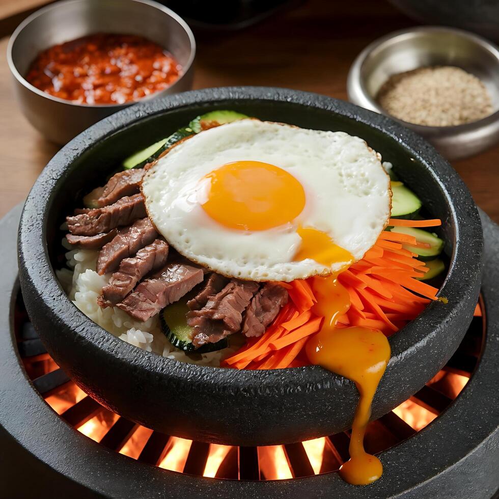 A bowl of food with an egg on top photo
