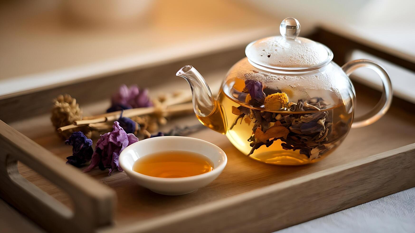 Tea and flowers on a tray photo