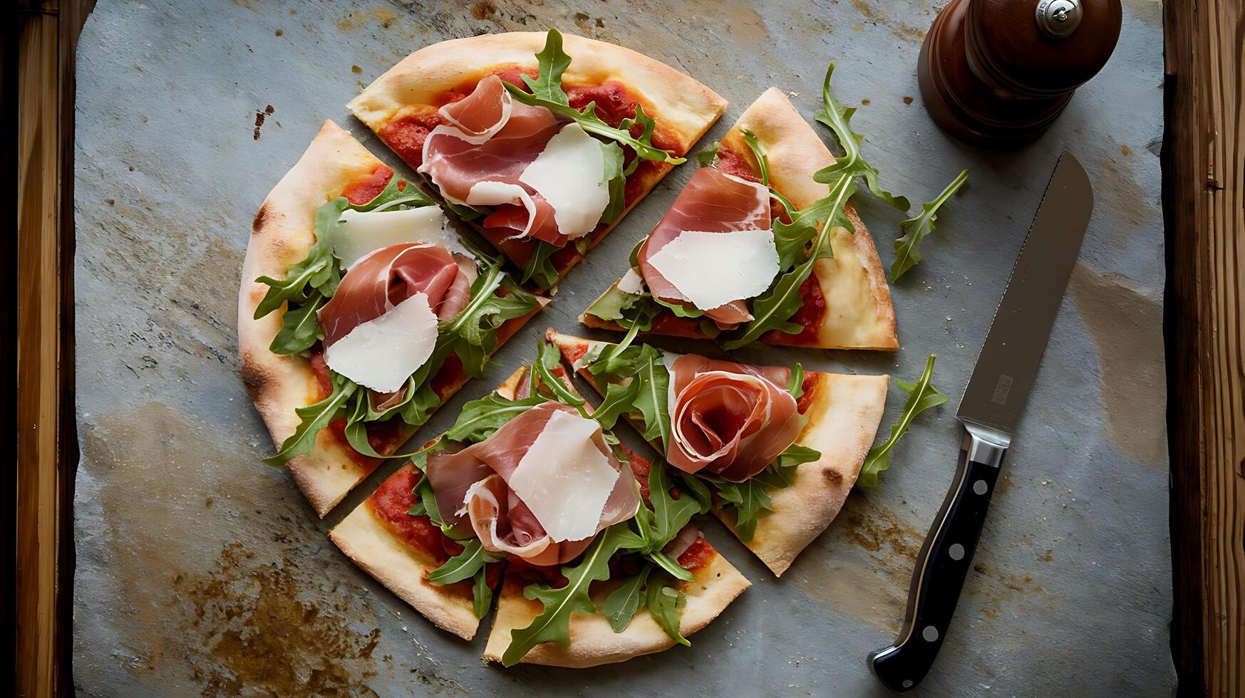 A pizza with meat and greens on a cutting board photo