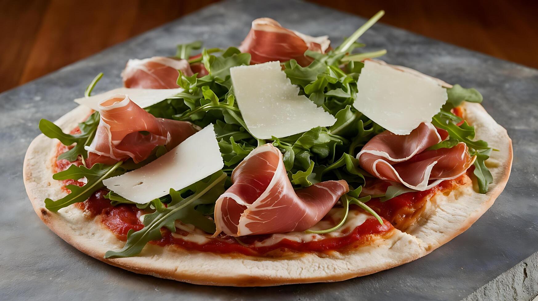 A pizza with meat and greens on a wooden table photo