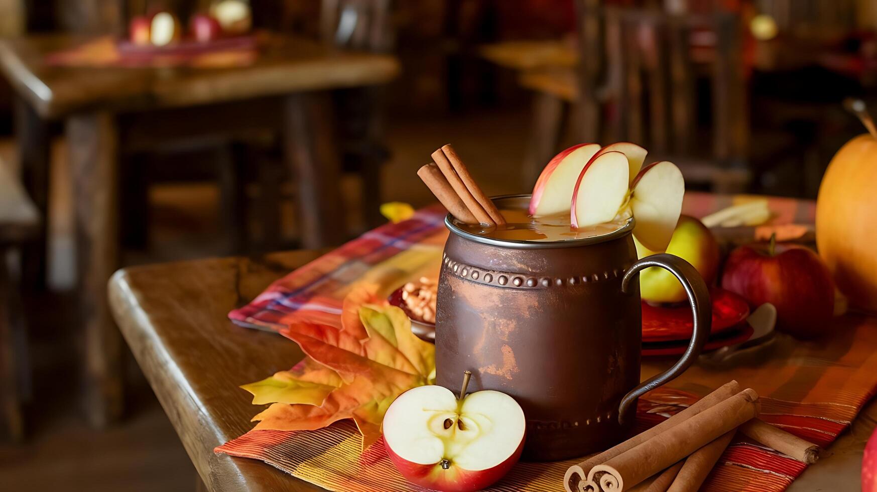 A copper mug filled with apple cider and cinnamon sticks photo