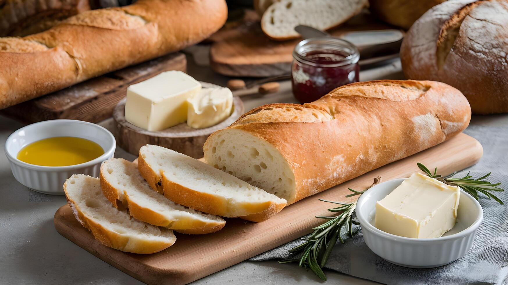 Bread and butter on a cutting board photo