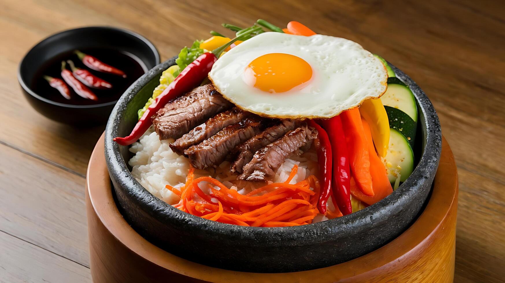A bowl of food with an egg on top photo
