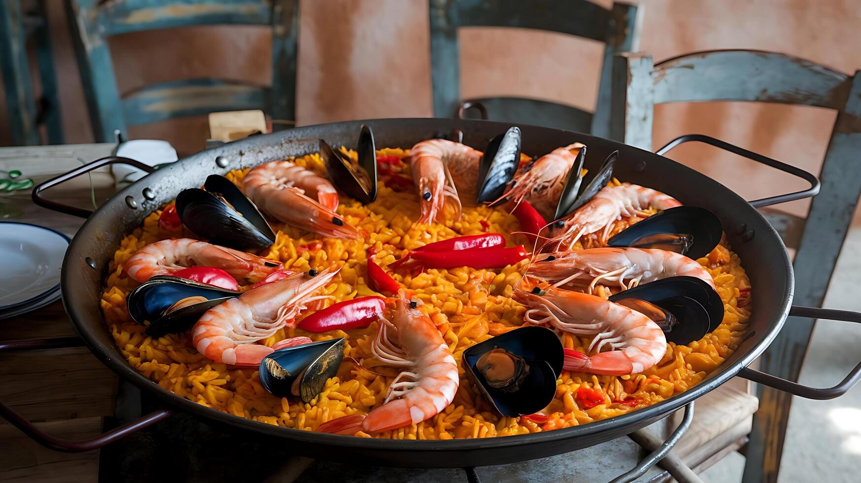 A large pan with seafood and rice photo