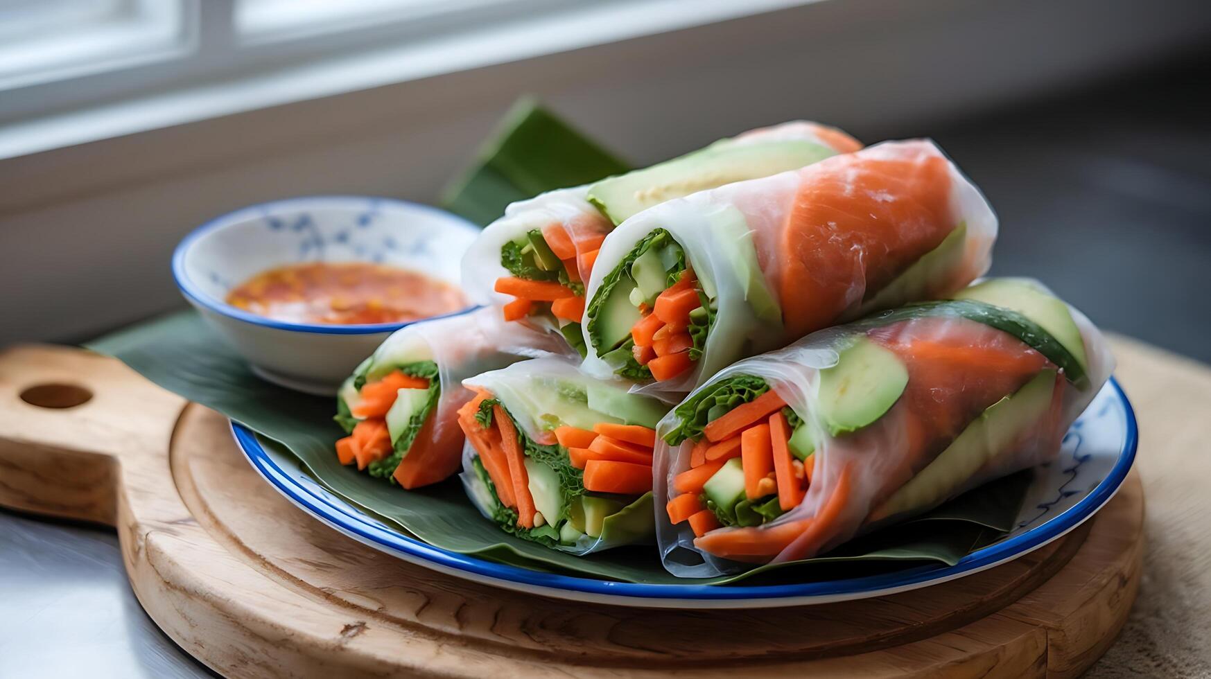 A plate with several spring rolls on it photo