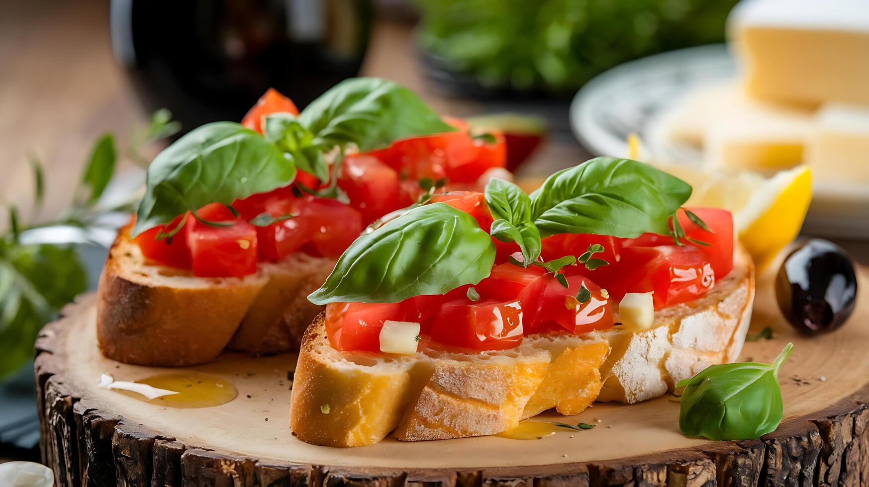 Tomato and basil on toast with cheese and olives photo