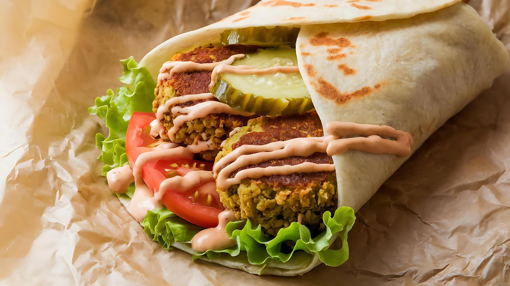 A wrap with meat, lettuce and tomato on top photo