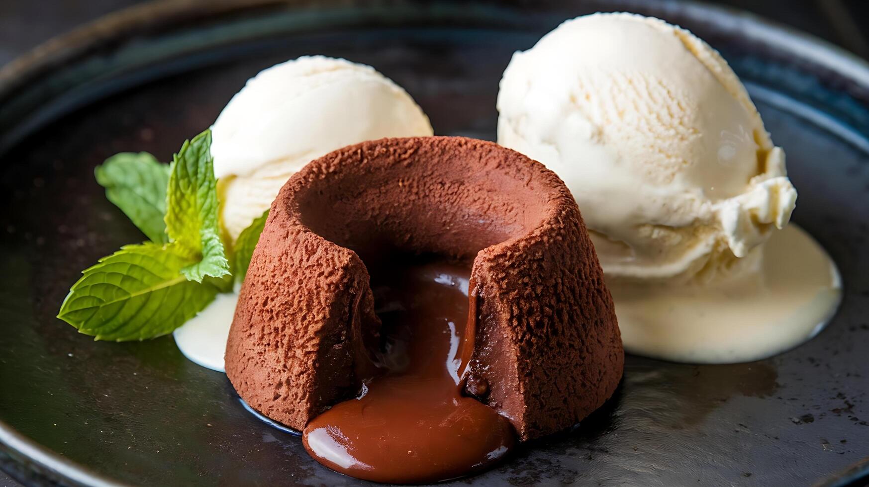 A chocolate dessert with ice cream and mint leaves photo
