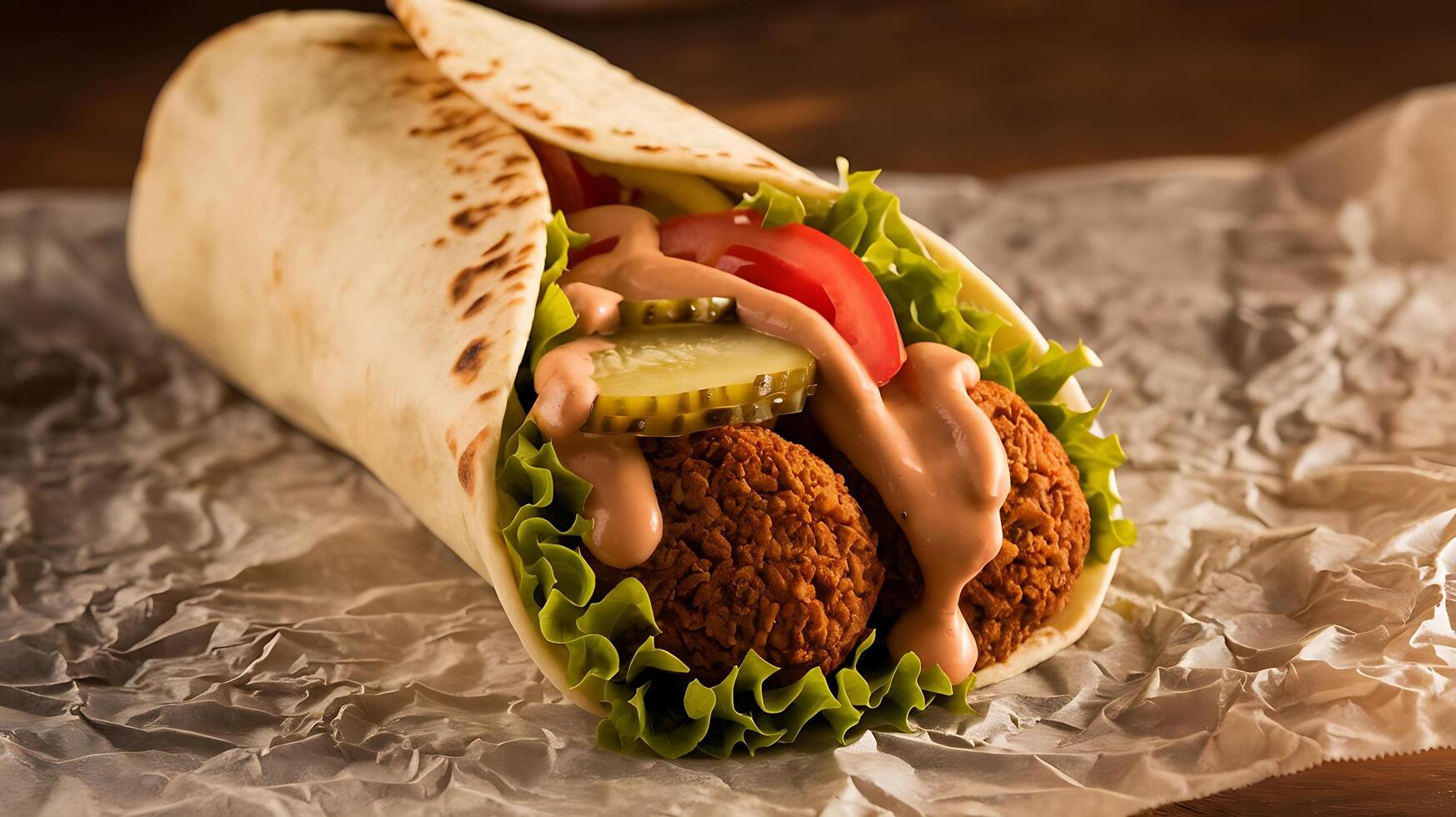 A burrito with meat, lettuce and pickles photo