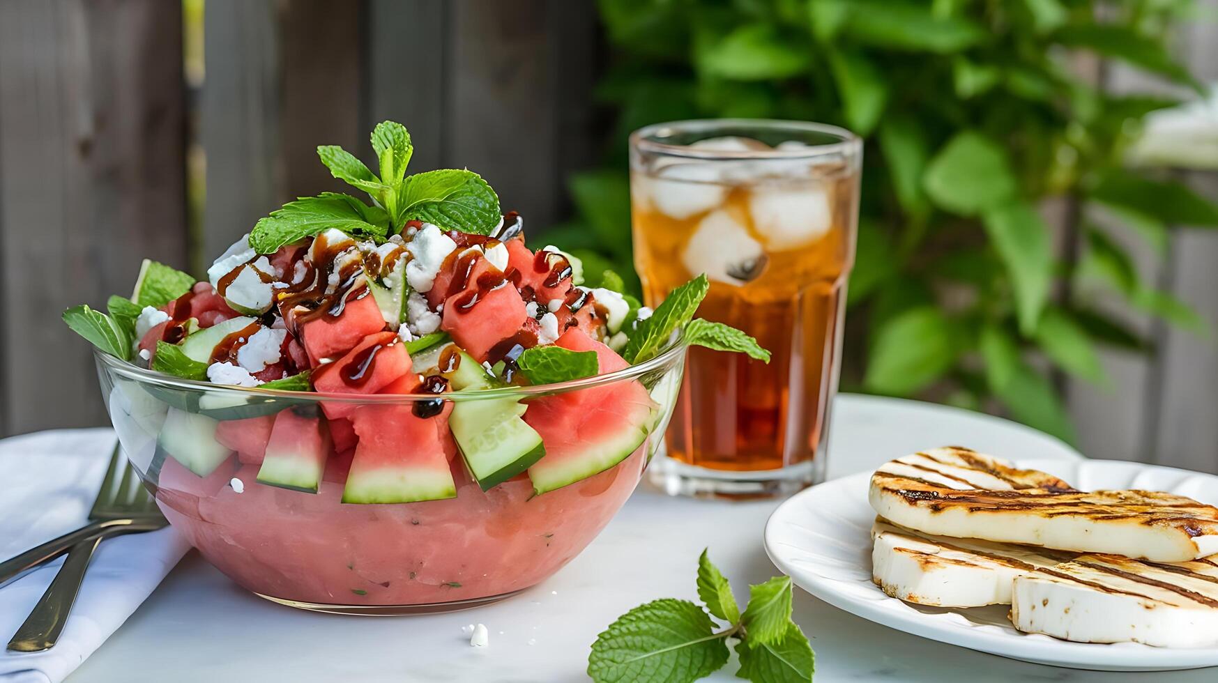 A salad with watermelon, feta cheese and mint photo