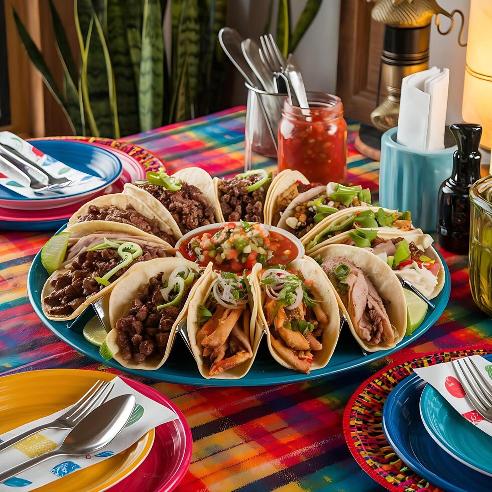 A colorful table with a mexican plate of tacos photo