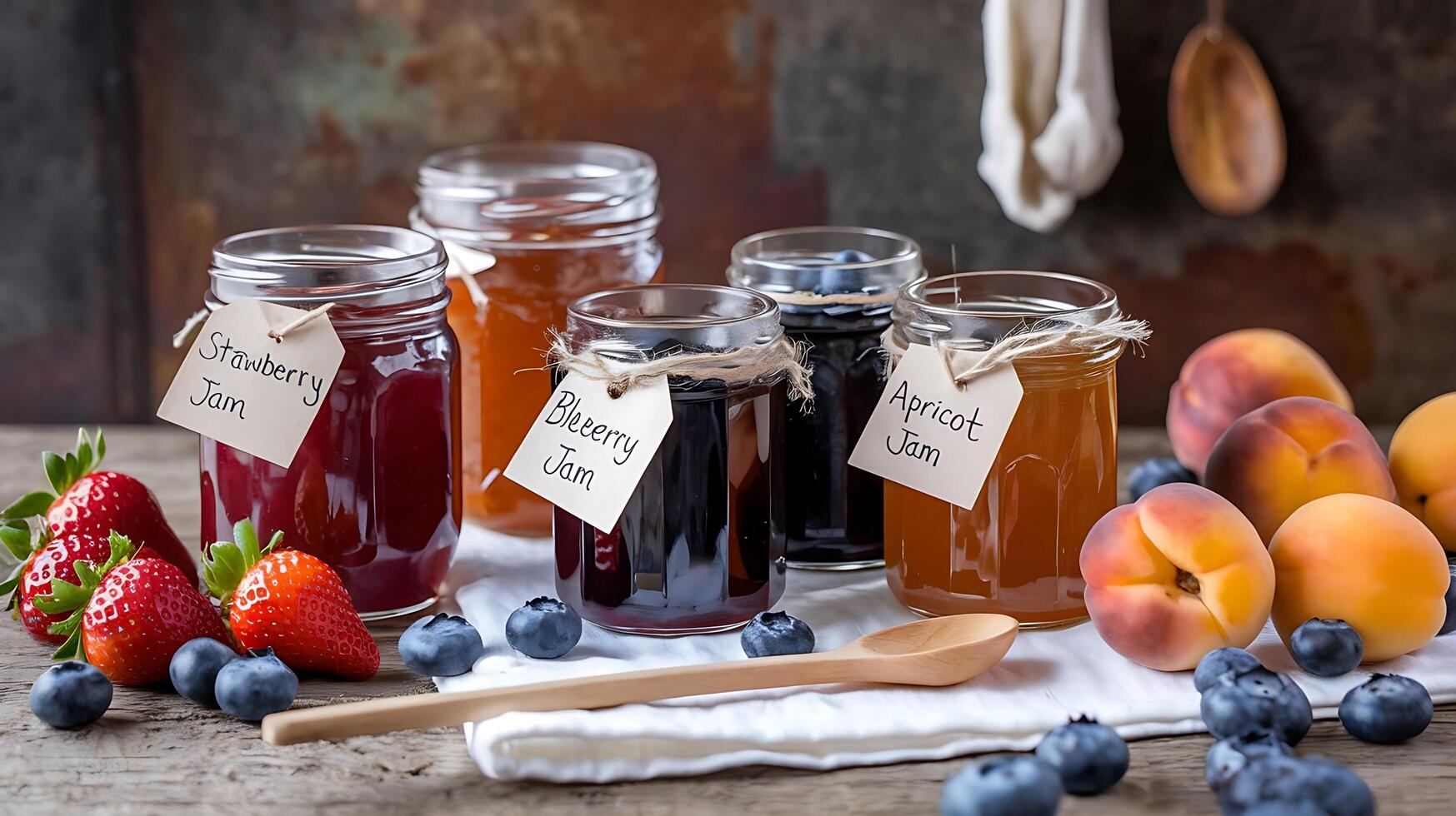 Jars of jam, berries and fruit on a wooden table photo