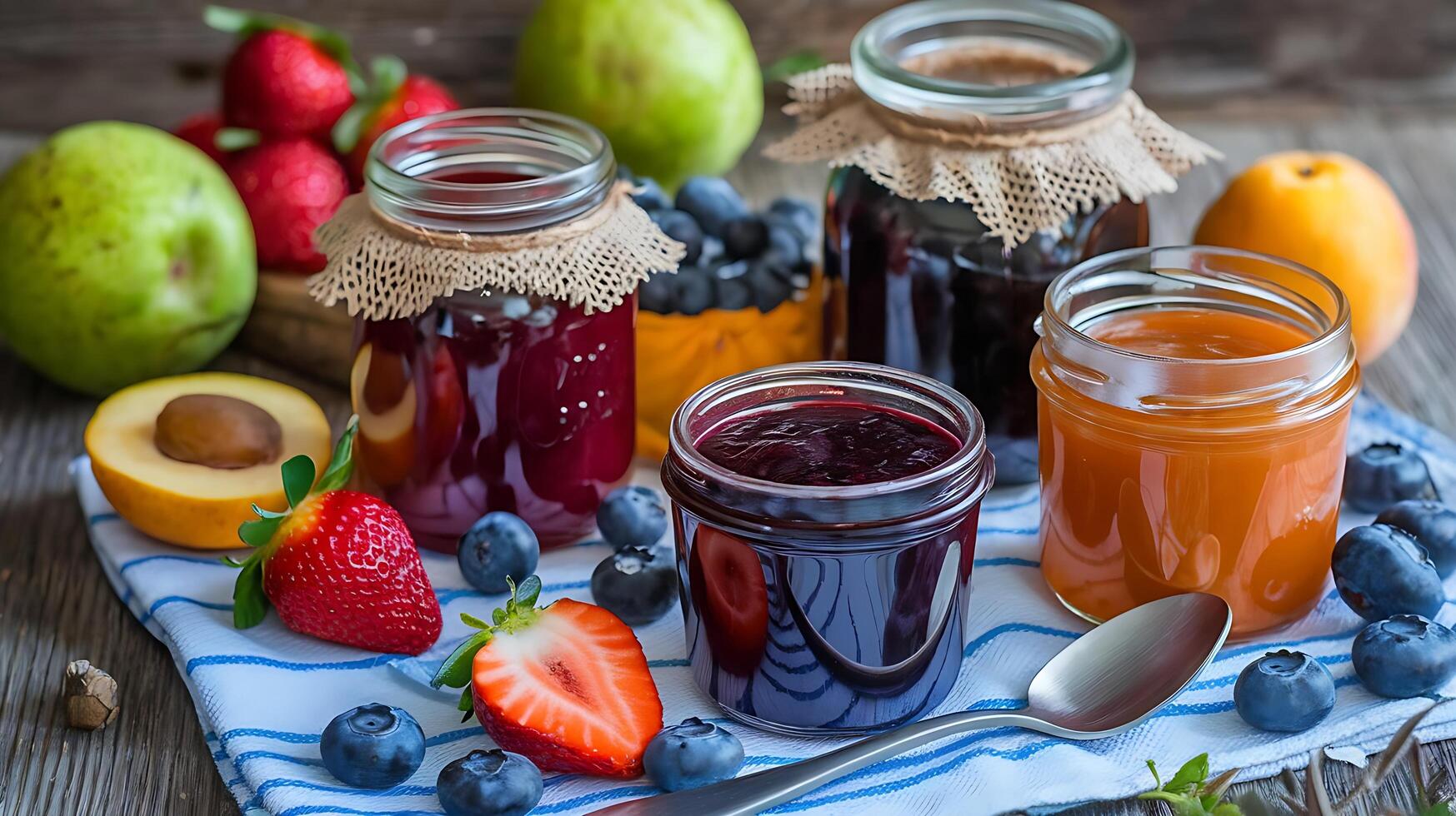 Jars of fruit and berries on a table photo