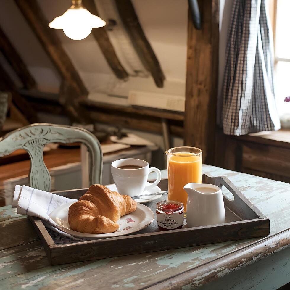 A tray with a croissant, orange juice, and coffee on a table photo