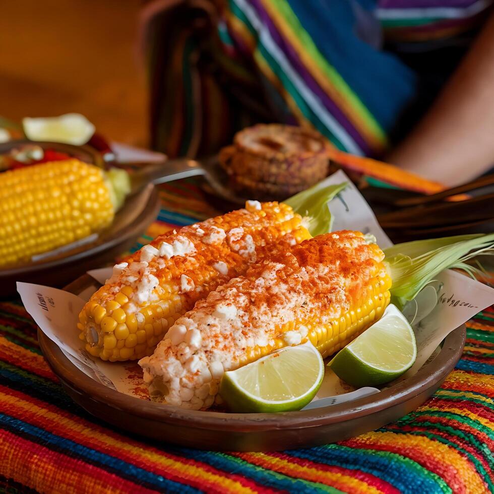 A plate of corn on the cob with lime slices photo