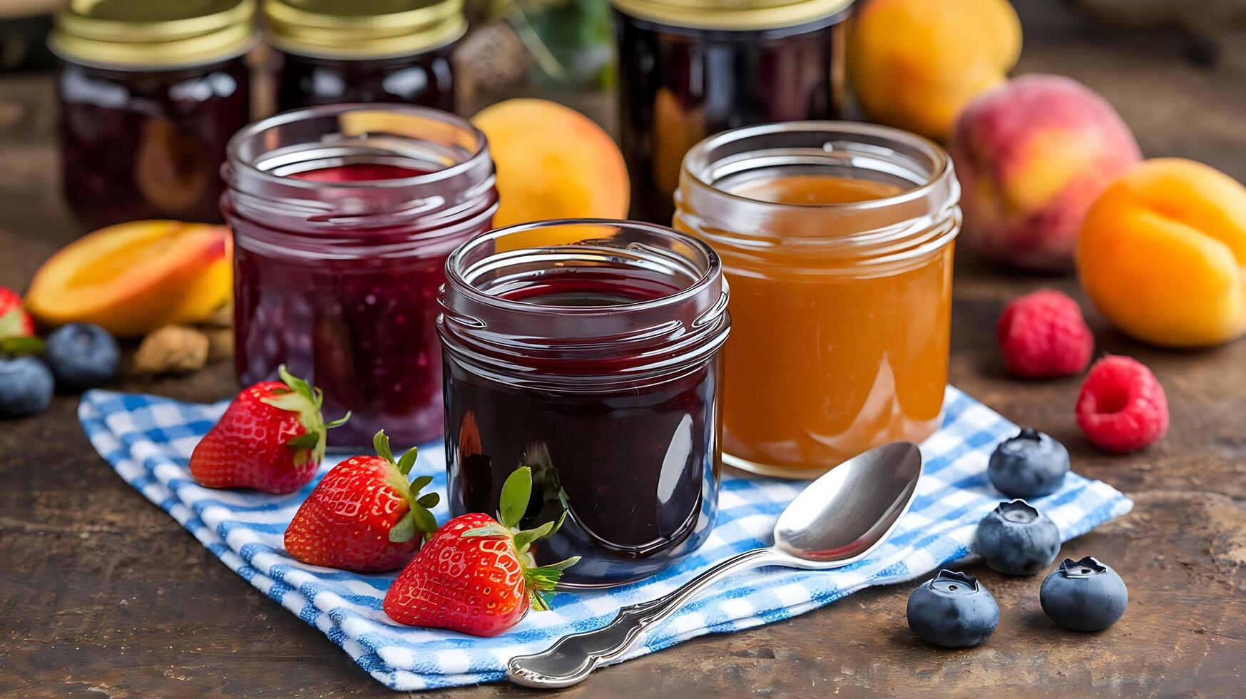Jars of jam with berries and fruit on a table photo