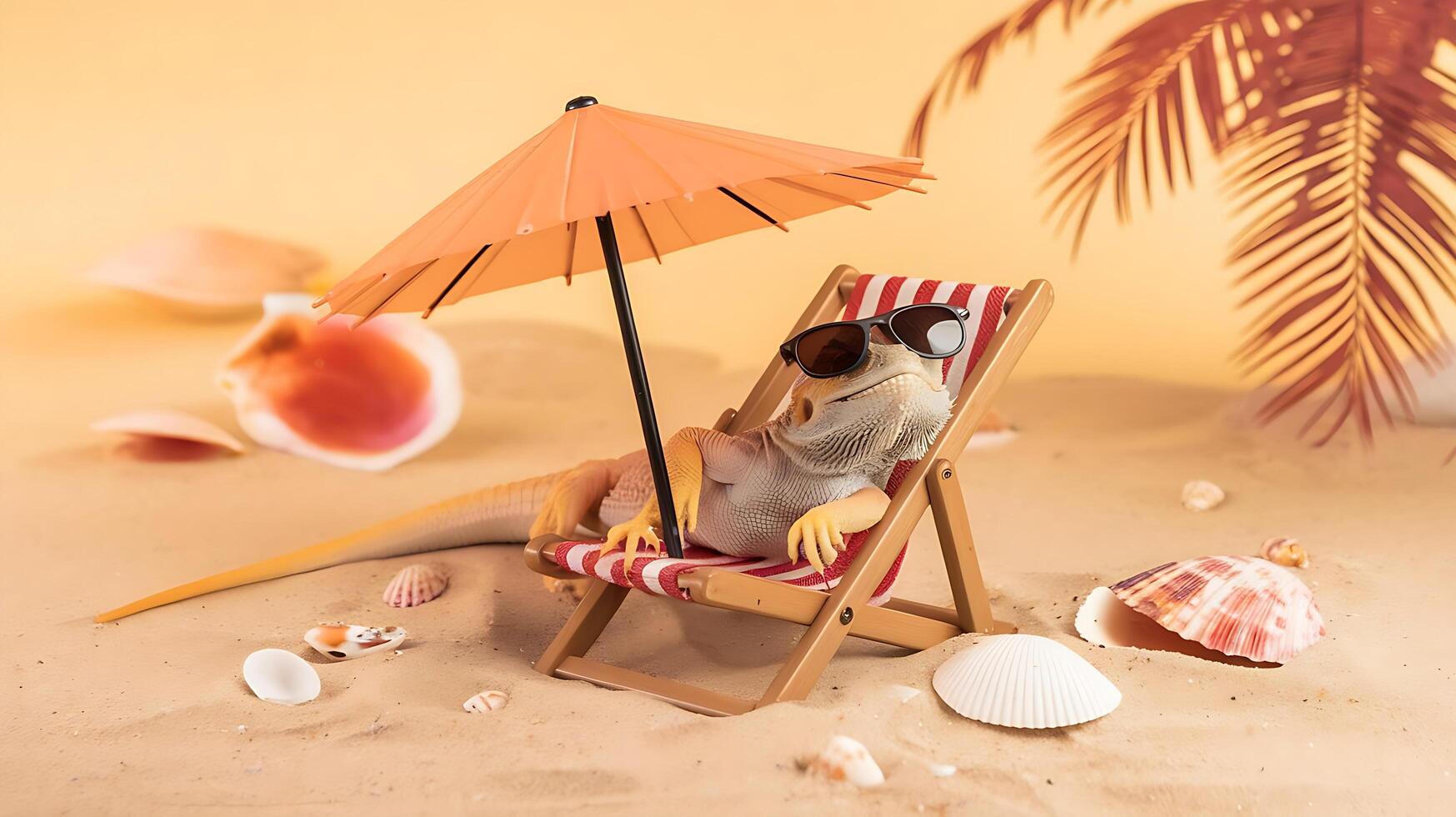 A toy lizard sitting in a beach chair with an umbrella photo